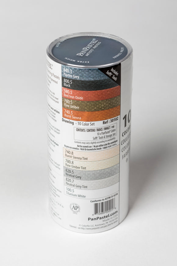 PanPastel Drawing Set 10 colour pans & Sofft Tools Item number 30102. Include a set of Soft mini tools. A great selection of colours from PanPastel, includes essential black and white for tint and tone