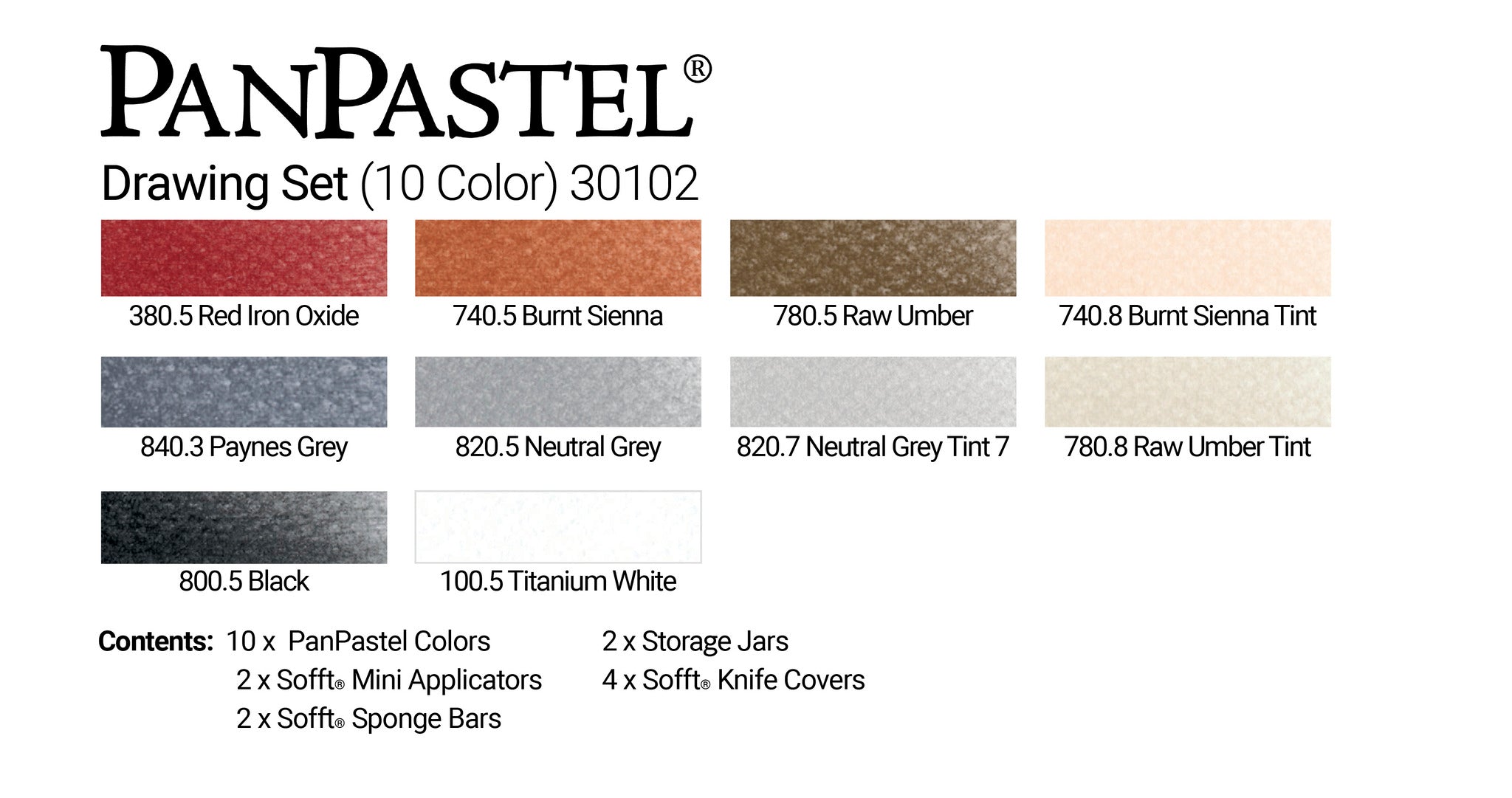PanPastel Drawing Set 10 colour pans & Sofft Tools Item number 30102. Include a set of Soft mini tools. A great selection of colours from PanPastel, includes essential black and white for tint and tone