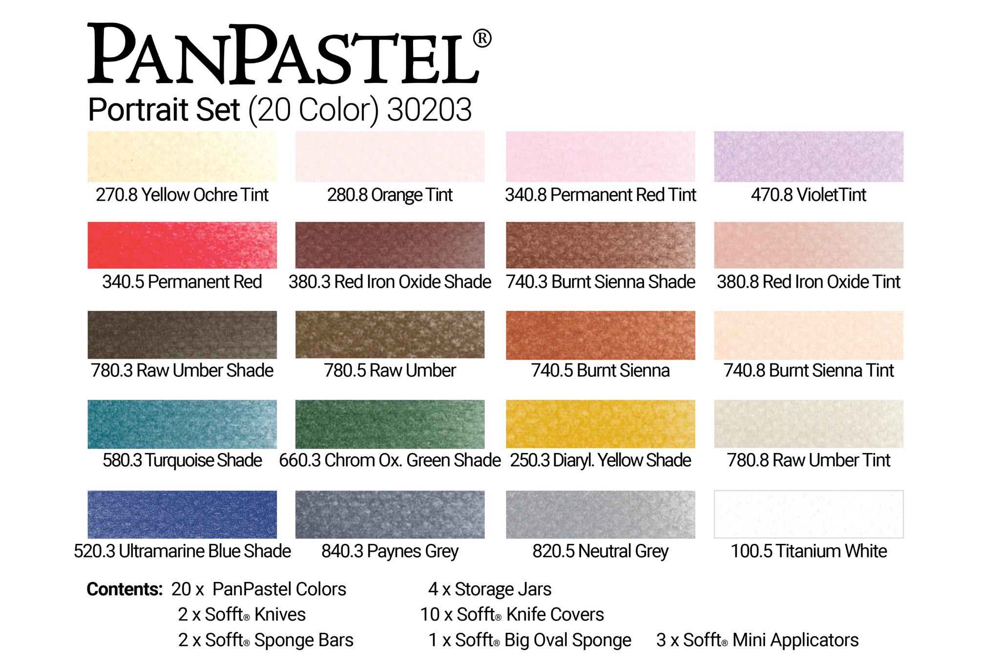 PanPastel 20 Colour Set Portrait. The PanPastel portrait set offers a beautiful selection of colour tones for any portrait artist, with on trend colours for undertones and backgrounds as well. This comprehensive set also includes a good selection of Sofft application and blending tools. 