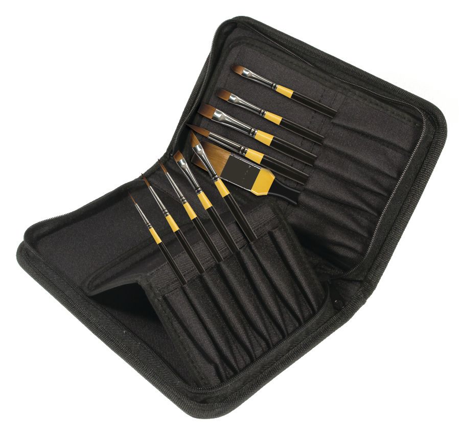 A selection of 10 short handled System 3 brushes ideal for acrylic painting, attractively presented in a handy portable zip case. Single thickness of soft synthetic filaments to give a good snap and a perfect spring ideal for use with acrylic pain