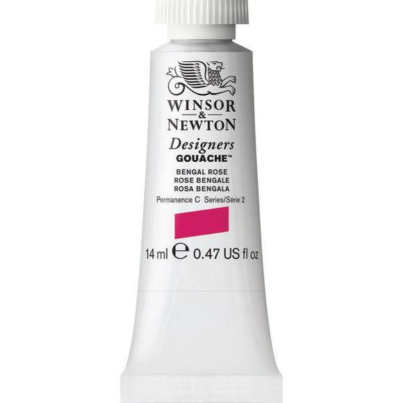 Winsor & Newton Designers Gouache paint 14 mls Bengal Rose is a bright magenta rose colour. It is a semi-opaque gouache.