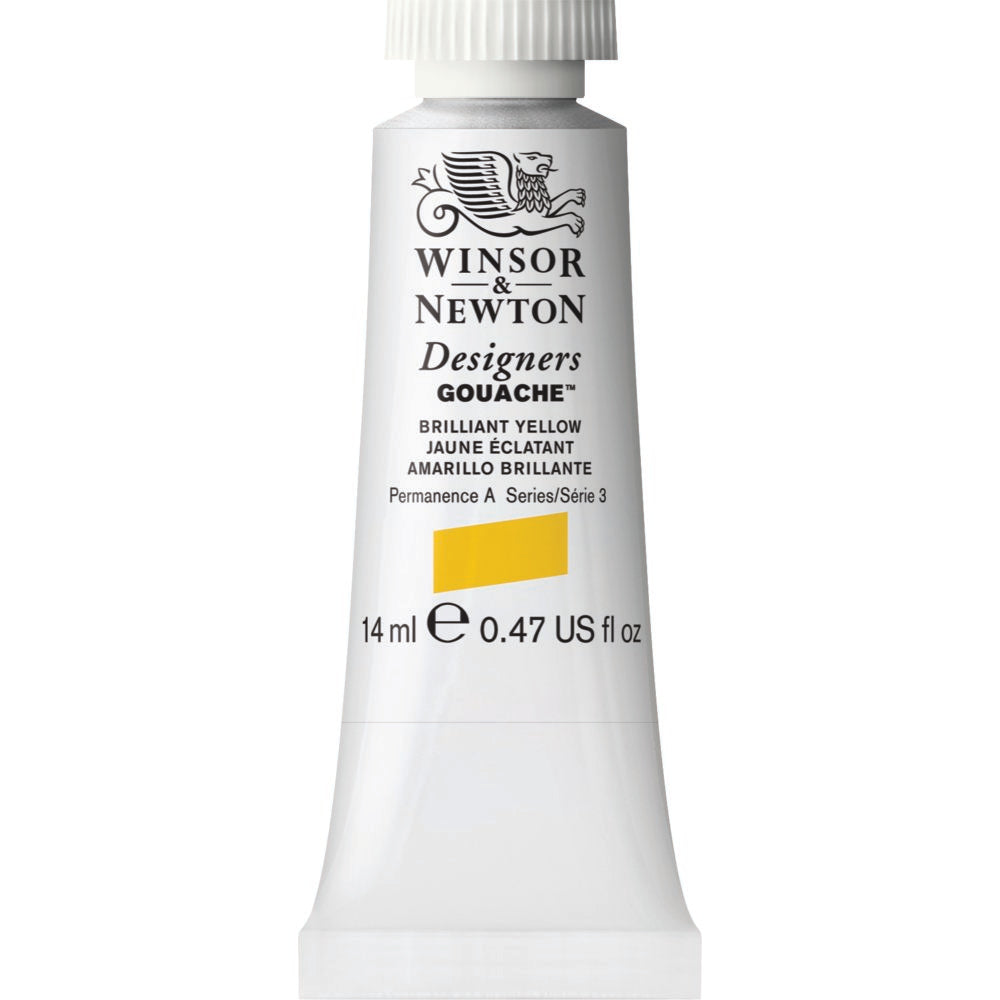 Winsor & Newton Designers Gouache paint 14 mls Brilliant Yellow is a strong yellow colour. It is a stable yellow primary colour and is semi-opaque.