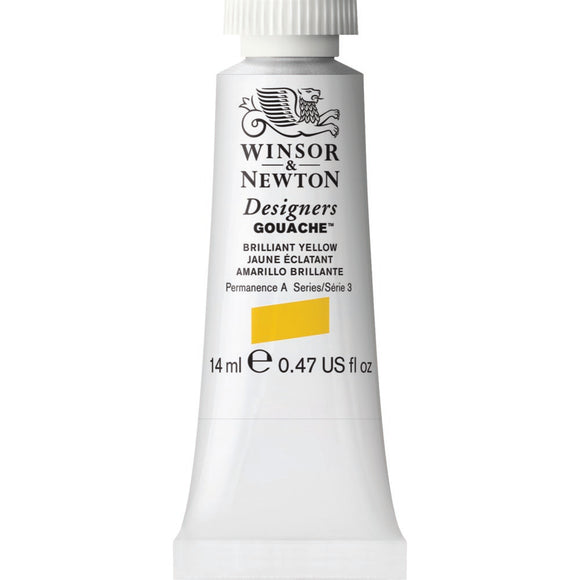 Winsor & Newton Designers Gouache paint 14 mls Brilliant Yellow is a strong yellow colour. It is a stable yellow primary colour and is semi-opaque.