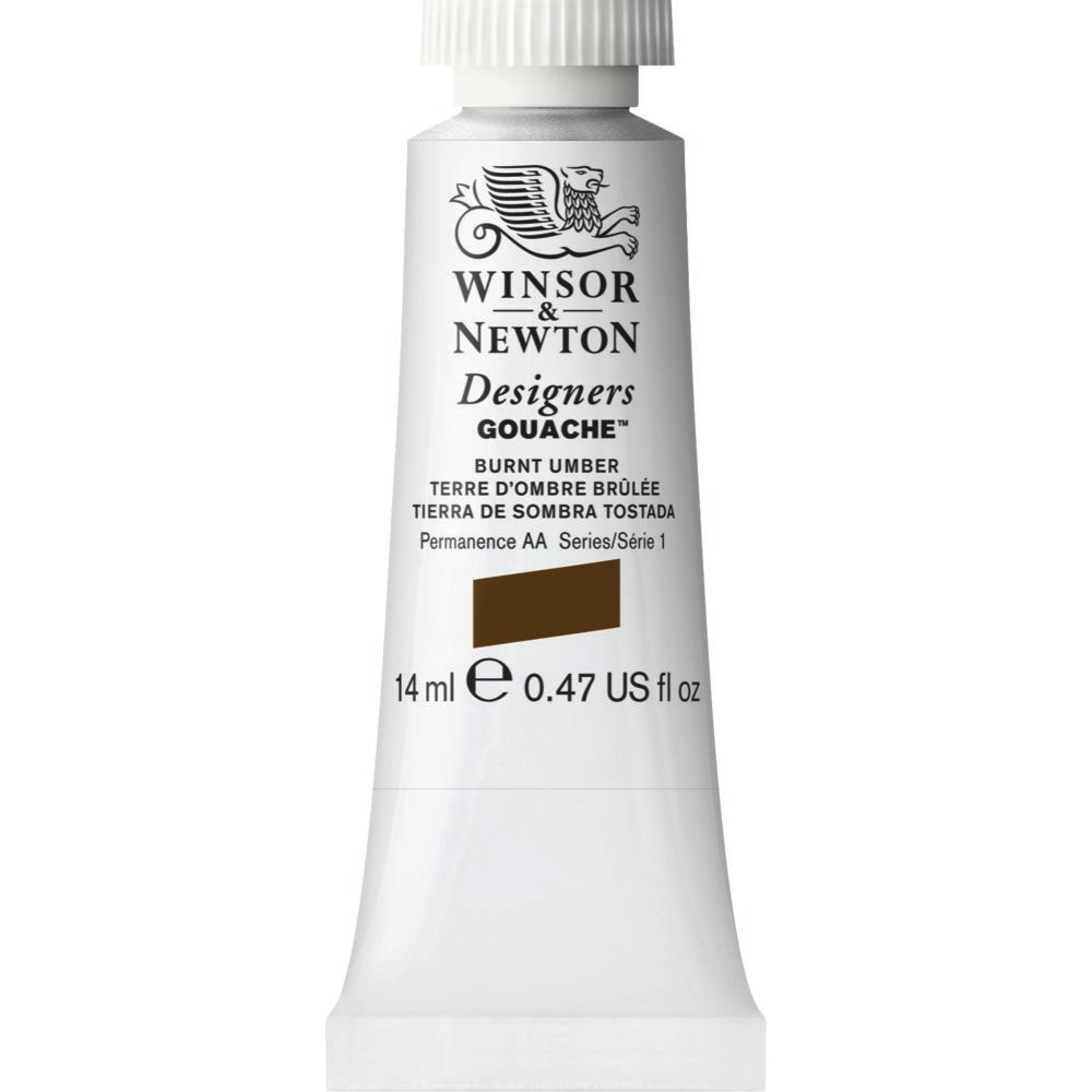 Winsor & Newton Designers Gouache paint 14 mls A rich dark brown pigment, Burnt Umber is made from natural brown clays found in earth. It was named after Umbria, a region in Italy where it was mined. Burning the raw pigment intensifies its colour.