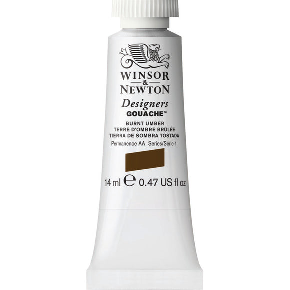 Winsor & Newton Designers Gouache paint 14 mls A rich dark brown pigment, Burnt Umber is made from natural brown clays found in earth. It was named after Umbria, a region in Italy where it was mined. Burning the raw pigment intensifies its colour.