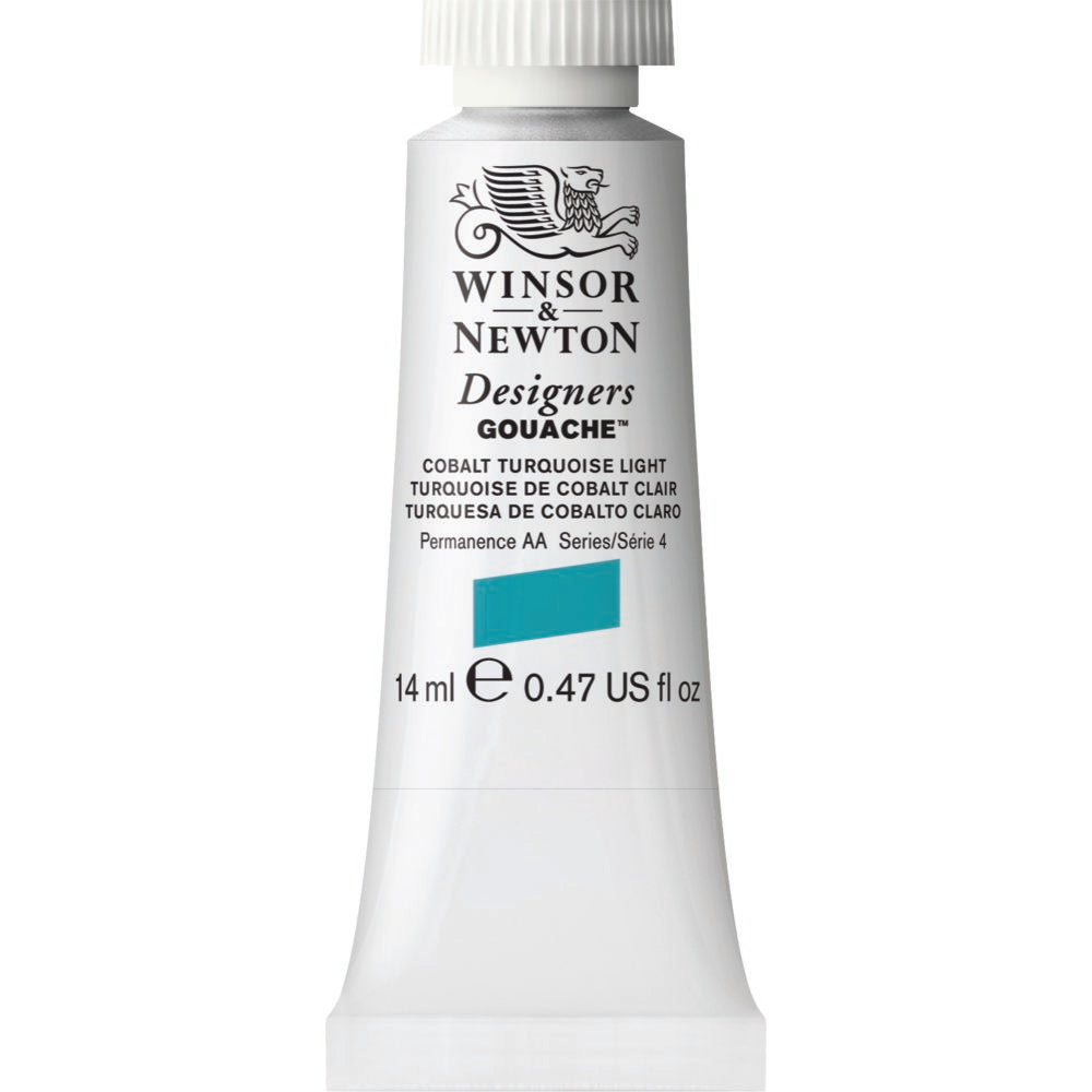 Winsor & Newton Designers Gouache paint 14 mls Cobalt Turquoise Light is a paler, slightly greener colour to its sister Cobalt Turquoise. A careful blend of blue and green pigments, it is a delicate opaque colour.