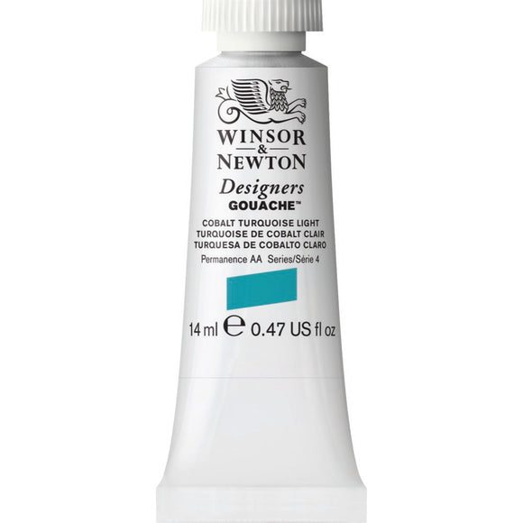 Winsor & Newton Designers Gouache paint 14 mls Cobalt Turquoise Light is a paler, slightly greener colour to its sister Cobalt Turquoise. A careful blend of blue and green pigments, it is a delicate opaque colour.