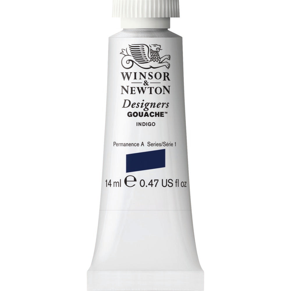 Winsor & Newton Designers Gouache paint 14 mls  Indigo is a deep blue pigment that can range from dark black to pale blue. Originally extracted from plants similar to blue woad used by the ancient Britons, it was synthesised in 1878 in Germany. It is one of the oldest blue pigments used universally.