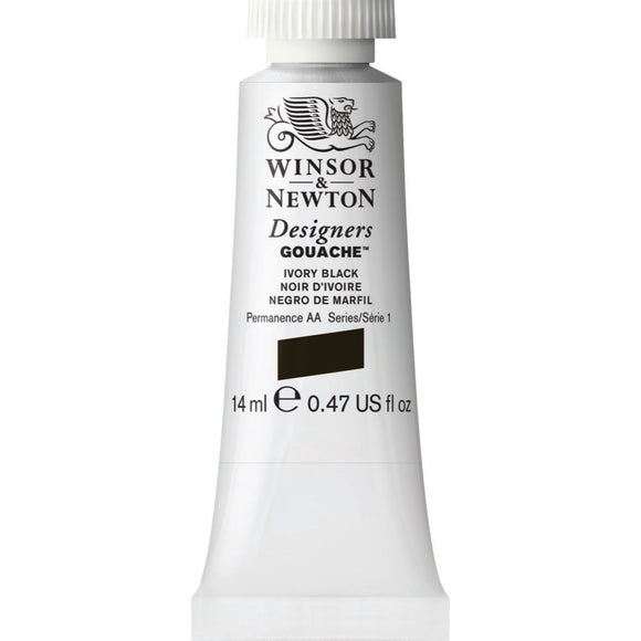 Winsor & Newton Designers Gouache paint 14 mls Ivory black is a stable all-round black colour with brown undertones and excellent tinting powers. Its name stems from the traditional method for obtaining it: roasting elephant tusks. No longer a process that is used thankfully.