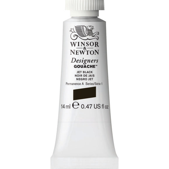 Winsor & Newton Designers Gouache paint 14 mls Jet Black is a stable, basic black gouache. It is opaque and lightfast.
