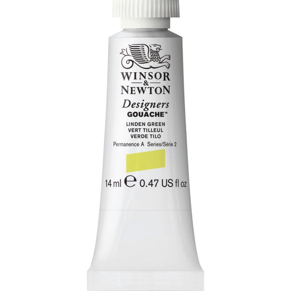 Winsor & Newton Designers Gouache paint 14 mls Linden Green is a greenish yellow colour. It is a permanent, semi-opaque gouache.