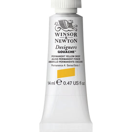 Winsor & Newton Designers Gouache paint 14 mls Permanent Yellow Deep is a dark warm yellow colour. It is a semi-opaque permanent gouache.
