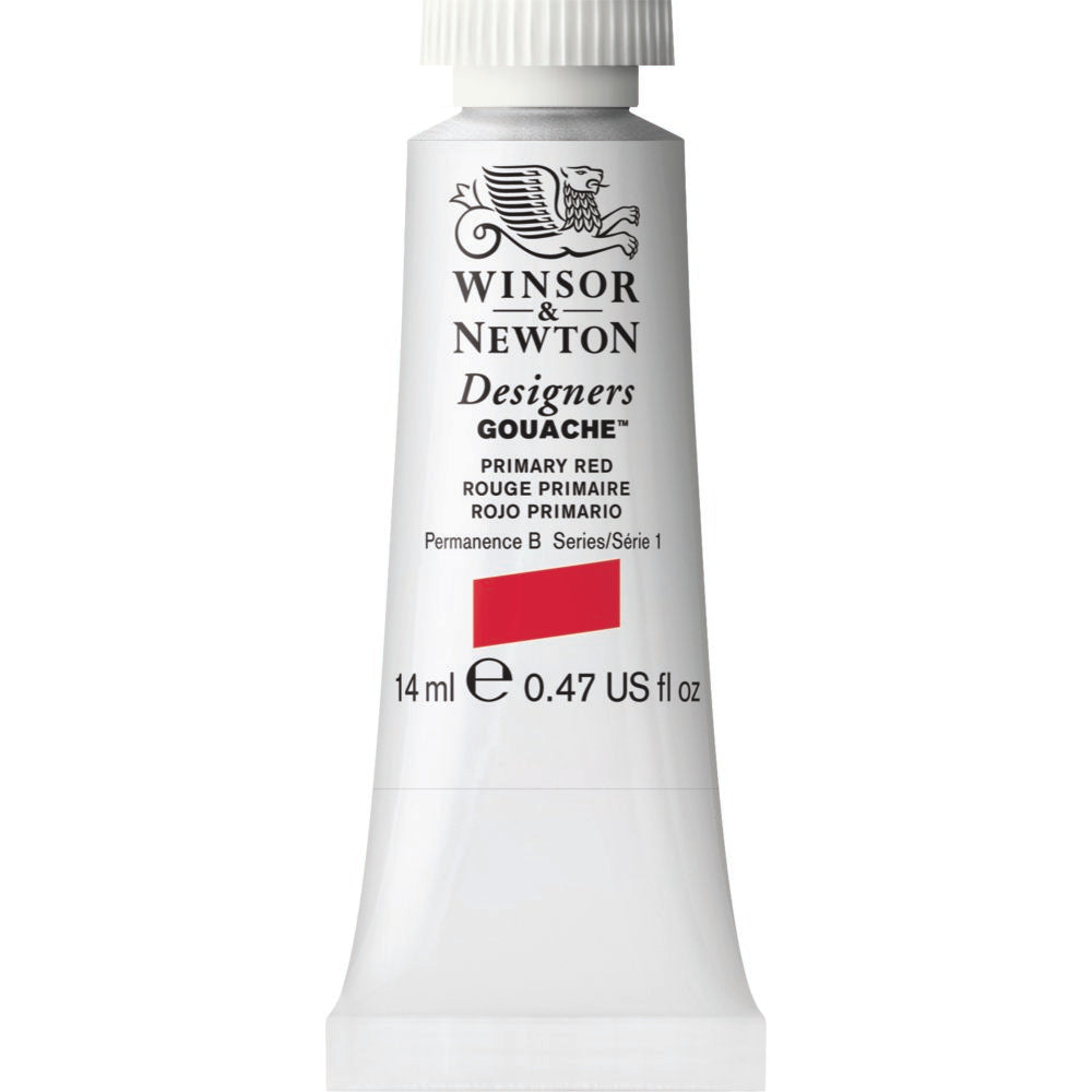 Winsor & Newton Designers Gouache paint 14 mls Primary Red is a bright violet red gouache colour. It is one of the basic primary colours and is semi-opaque.