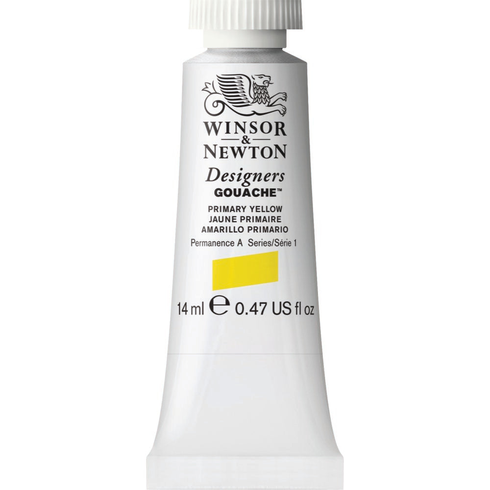 Winsor & Newton Designers Gouache paint 14 mls Primary Yellow is a bright yellow gouache colour. It is one of the basic primary colours. It is based on the high tinting strength Quinophthalone yellow pigment.