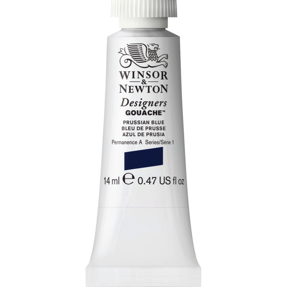 Winsor & Newton Designers Gouache paint 14 mls Prussian Blue is a deep blue colour. It was made by German chemist Diesbach around 1704 making it the first synthetic blue pigment. It quickly gained favour as an alternative to genuine Ultramarine.
