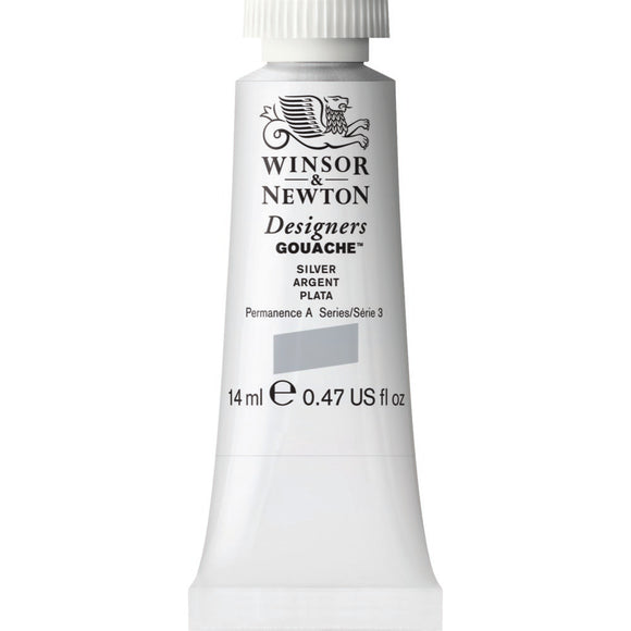 Winsor & Newton Designers Gouache paint 14 mls Silver is a unique colour which, due to its unusual combination of pigments, creates a metal sheen closely resembling that of silver.