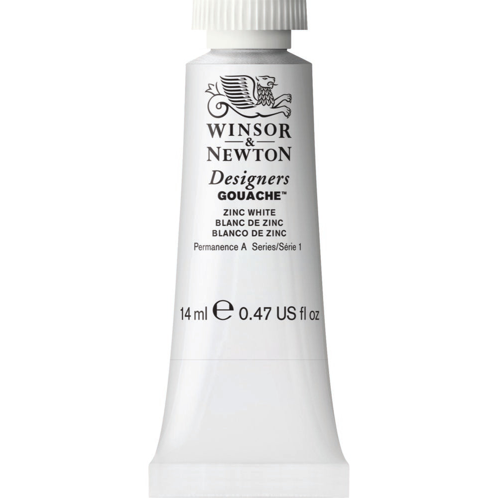 Winsor & Newton Designers Gouache paint 14 mls Zinc White is an opaque white colour based on zinc pigments. It is an excellent tinting white and is also known as Chinese White. It was introduced in the UK by Winsor & Newton in the mid-19th century.