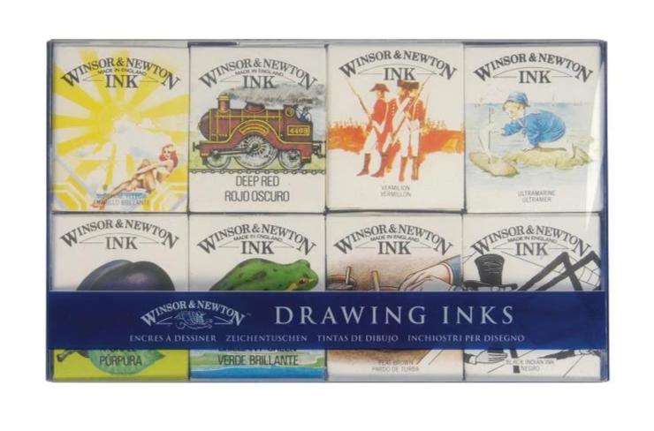 WINSOR & NEWTON Drawing Inks William CollectionA  selection of 8 colours in 14ml bottles. Include: Sunshine Yellow, Vermillion, Deep Red, Purple, Ultramarine, Brilliant Green, Peat Brown, Black. 