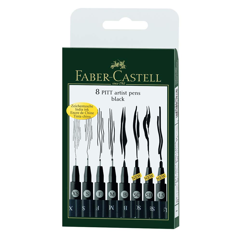 Faber Castell : Set of 8 Pitt artists pens in walletFaber Castell Set of 8 black Pitt artists pens in wallet. Pigmented India ink, waterproof pigment, odourless and acid free. Variety of nibs, includes XS, S, F, M , B , SC, SB and 1.5 nibs. 