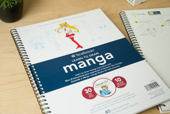 Strathmore Learn to draw Manga by Christopher Hart, includes 34 divided pages of inspiration and guidance with space to draw, with the remaining high quality paper are left black for your own artwork, and experiments.