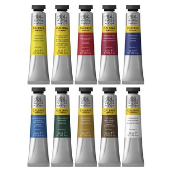 This set contains a selection of 10 tubes of 20ml Galeria Acrylic paint in popular colours. Includes: Lemon Yellow Hue, Cadmium Yellow Medium Hue, Cadmium Red Hue, Permanent Rose, Ultramarine, Cerulean Blue Hue, Phthalo Green (Blue Shade), Yellow Ochre, Raw Umber, Titanium White