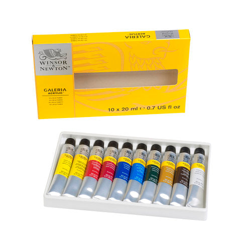 This set contains a selection of 10 tubes of 20ml Galeria Acrylic paint in popular colours. Includes: Lemon Yellow Hue, Cadmium Yellow Medium Hue, Cadmium Red Hue, Permanent Rose, Ultramarine, Cerulean Blue Hue, Phthalo Green (Blue Shade), Yellow Ochre, Raw Umber, Titanium White