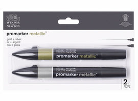 Winsor and Newton metallic Gold and Silver pens, metallic ink that can easily be blended with water. Twin tipped markers, broad and bullet nibs, store flat.  This Promarker Metallic Gold and Silver set offers intense, shimmery colours, perfect for adding highlights and texture to your designs. The pigment-based ink used is lightfast enough to provide long-lasting results. Each pen is twin-tipped, with a broader bullet nib suitable for filling in large areas, and a smaller one for detailed work.