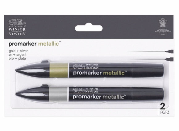 Winsor and Newton metallic Gold and Silver pens, metallic ink that can easily be blended with water. Twin tipped markers, broad and bullet nibs, store flat.  This Promarker Metallic Gold and Silver set offers intense, shimmery colours, perfect for adding highlights and texture to your designs. The pigment-based ink used is lightfast enough to provide long-lasting results. Each pen is twin-tipped, with a broader bullet nib suitable for filling in large areas, and a smaller one for detailed work.