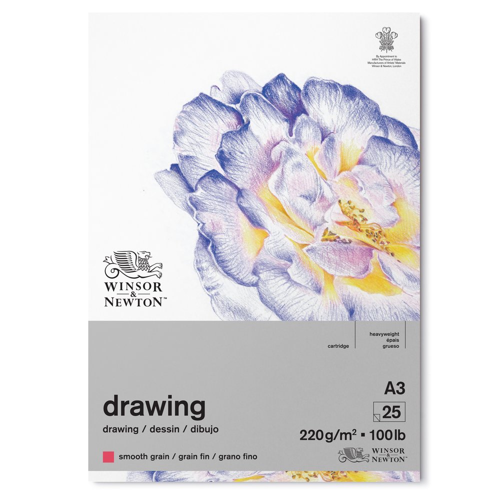 NEW Winsor & Newton smooth surface drawing pad 220 gsm 25 sheets A3. The smooth surface of this paper, makes it ideal for a variety of drawing media, such as pen, Ink, pencil and coloured pencils.Each pad contains 25 sheets and is available in a choice of sizes.