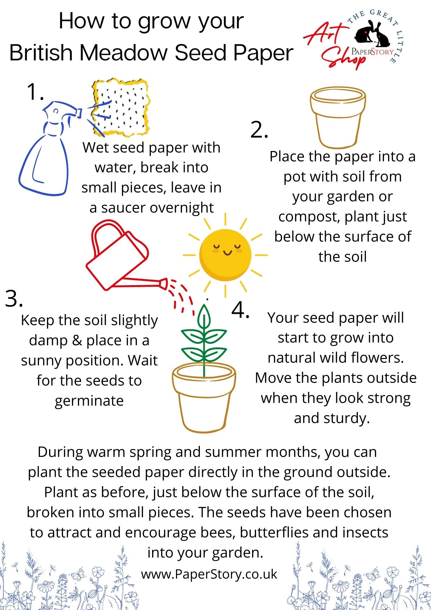 seed paper planting instructions 100% COTTON Handmade Plantable Poppy & Meadow Mix 200 gsm A4 x 10 shee | PaperStory