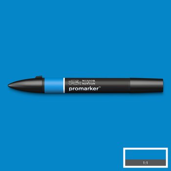 Azure blue Winsor & Newton Promarker alcohol pen, perfect for fine artists and illustrators. New design pens with a double end, each pen has a fine bullet point and a broad chisel nib, which allows you to easily switch between shading larger areas and precision detailing. Superb alcohol-based streak-free coverage so you can achieve flawless, print-like results.  