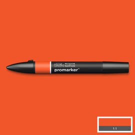 Bright Orange vibrant colour Winsor & Newton Promarker alcohol pen, perfect for fine artists and illustrators. New design pens with a double end, each pen has a fine bullet point and a broad chisel nib, which allows you to easily switch between shading larger areas and precision detailing. Superb alcohol-based streak-free coverage so you can achieve flawless, print-like results.  