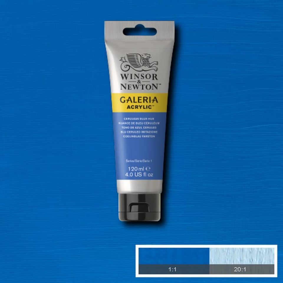 Winsor & Newton Galeria Acrylic Cerulean Blue Hue 120ml. Cerulean Blue Hue is a bright blue pigment with green undertones. It is a careful combination of pigments closely resembling genuine Cerulean Blue.