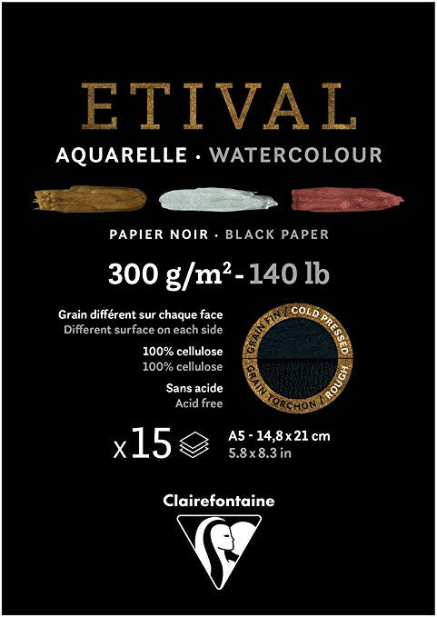 Étival-Clairefontaine: Watercolour Black Paper 300gsm  : Cold Press 8.3 x 5.8 inches A5 15 Sheets Black