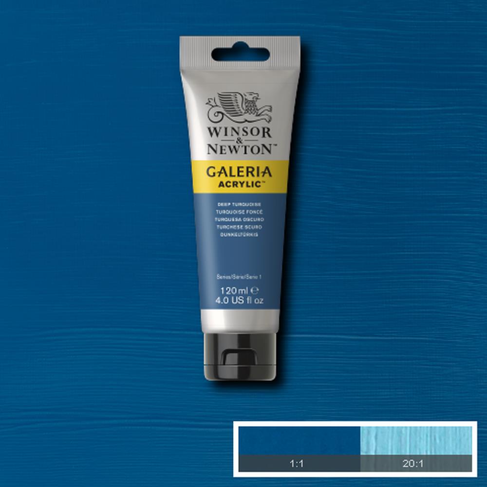 Winsor & Newton Galeria Acrylic Deep Turquoise 120ml. Deep Turquoise is an opaque pigment made of a blend of deep green and blue pigments. The name stems from the French 'Turquoise' for the semi-precious stone that was exported to Europe from Persia via Turkey.