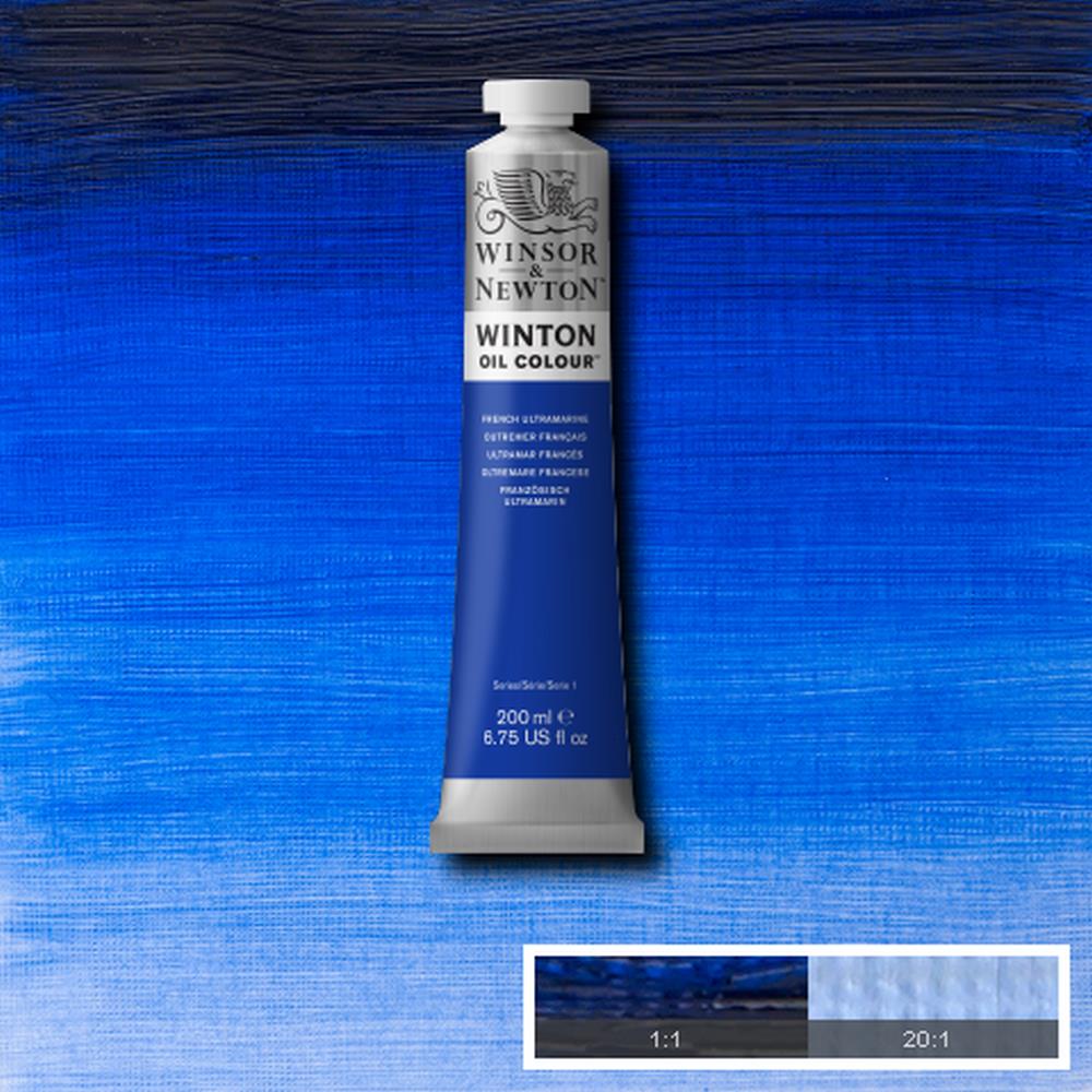 Winsor & Newton Winton Oil Paint French Ultramarine 200ml. French Ultramarine is a rich transparent blue. It was created by French chemist Guimet in 1828 as a synthetic but chemically identical alternative to the expensive pigment derived from Lapis Lazuli.