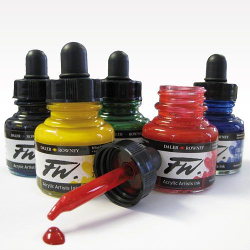 The Daler-Rowney FW Ink Primary Colours Set brings you six 29.5ml bottles of this acrylic-based ink in primary colours. Includes 6 x 29.5ml bottles of FW inks in a set. colours: 651, 412, 120, 251, 335, 567.  Process Cyan, Emerald Green,Lemon Yellow, Scarlet, Process Magenta, Sepia