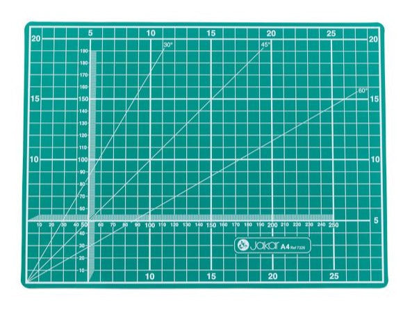 Jakar A4 Self healing Cutting MatJakar A4 Self healing Cutting Mat  Cutting mat, A4, green, five ply PVC, printed two sides with white graphics. Metric side with 1cm square with 5cm blocks, 1mm calibrated X-Y axis, 30°, 45° and 60°angle guide. Imperial measurements on reverse side with half inch squares within 1 inch blocks, co-ordinate axis calibrated in eighths: 30°, 45° and 60°angle guide, Pica and Point lettering guides. Individually wrapped. Size: 220 x 300 x 3mm.