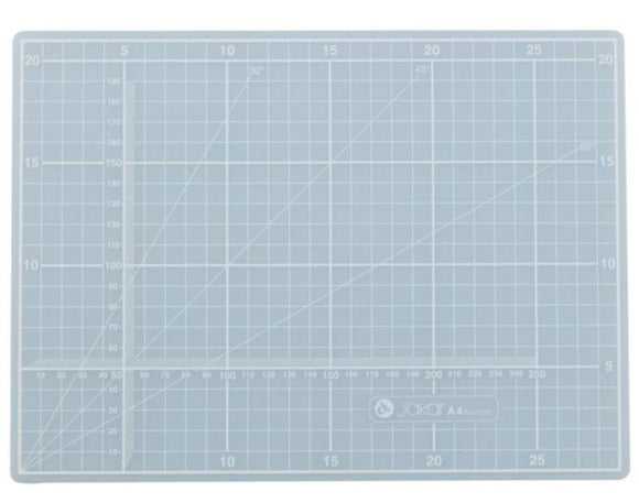 Jakar A4 Self healing Cutting Mat : TranslucentJakar A4 Self healing Cutting Mat Translucent  Cutting mat, A4, translucent, five ply PVC, printed on one side only with white graphics. 1cm square grid within 5cm blocks, 1mm calibrated X-Y axis, 30°, 45° and 60°angle guide. Individually wrapped. Size: 220 x 300 x 3mm.