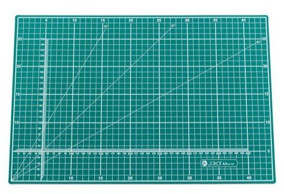 Jakar A3 Self healing Cutting MatCutting mat, A3, green, five ply PVC, printed two sides with white graphics. Metric side with 1cm square with 5cm blocks, 1mm calibrated X-Y axis, 30°, 45° and 60°angle guide. Imperial measurements on reverse side with half inch squares within 1 inch blocks, co-ordinate axis calibrated in eighths: 30°, 45° and 60°angle guide, Pica and Point lettering guides. Individually wrapped. Size: 450 x 300 x 3mm