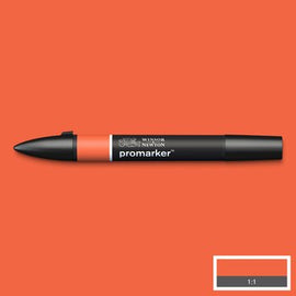 Bright Orange colour Winsor & Newton Promarker alcohol pen, perfect for fine artists and illustrators. New design pens with a double end, each pen has a fine bullet point and a broad chisel nib, which allows you to easily switch between shading larger areas and precision detailing. Superb alcohol-based streak-free coverage so you can achieve flawless, print-like results.  