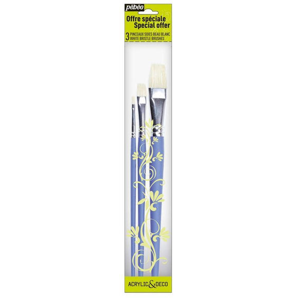 Pebeo : Oil White Bristle brushes pack of three Flat blushes