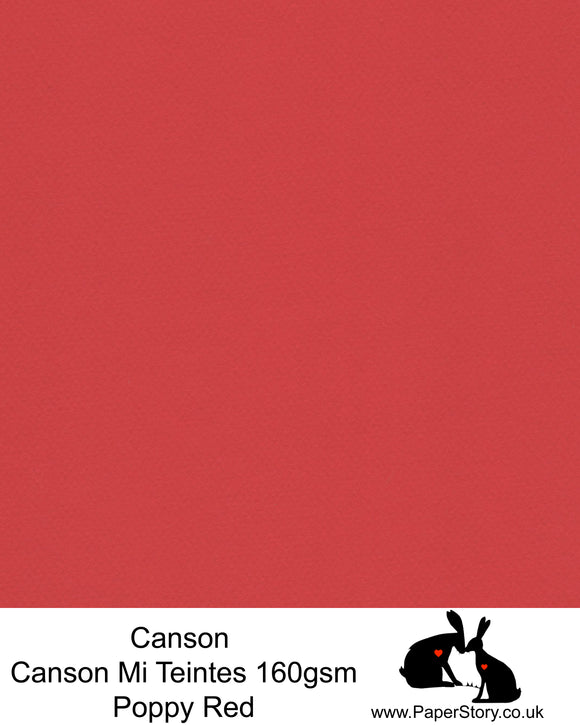 Canson Mi Teintes acid free, Bright Poppy primary red hammered texture honeycomb surface paper 160 gsm. This is a popular and classic paper for all artists especially well respected for Pastel  and Papercutting made famous by Paper Panda. This paper has a honeycombed finish one side and fine grain the other. An authentic art paper, acid free with a  very high 50% cotton content. Canson Mi-Teintes complies with the ISO 9706 standard on permanence, a guarantee of excellent conservation 