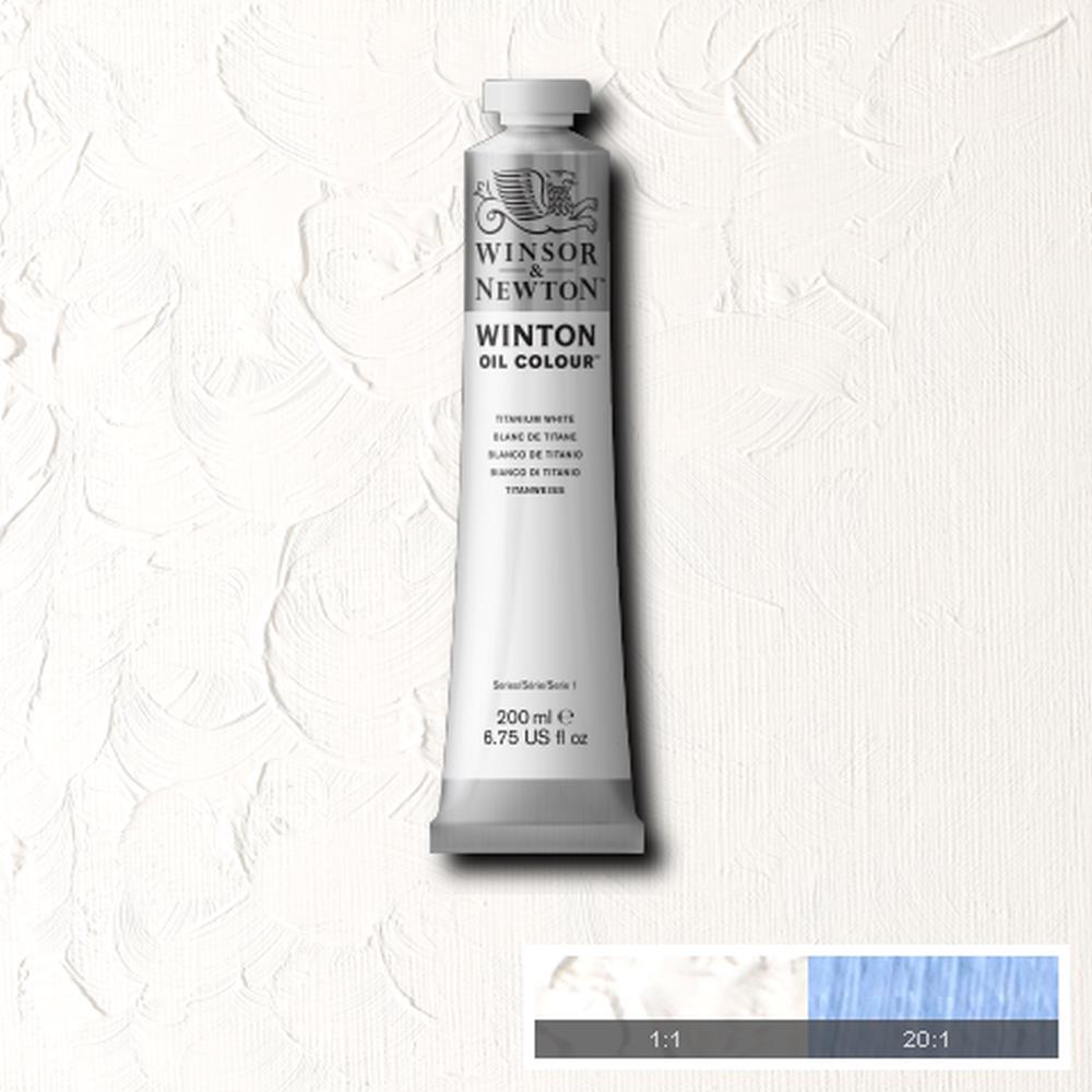 Winsor & Newton Winton Oil Paint Titanium White  200ml. Titanium White is a clean white pigment. It is the most opaque white pigment and is considered a standard strong white colour. 