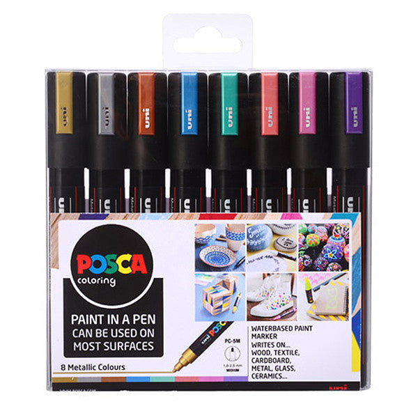 POSCA Marker Pen Set of 8 Assorted Metallic Colours 8 boxed set.  Waterbased paint marker, writes on wood, textile, card, metal, glass & ceramics.This wallet contains Bronze, Gold, Metallic Blue, Metallic Green, Metallic Pink, Metallic Red, Metallic Violet and Silver. The medium tip 1.8- 2.5mm of the PC-5M 