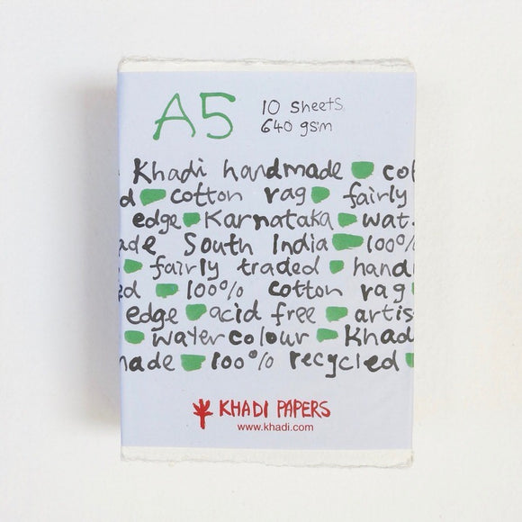 Khadi Paper : White 640GSM  10 sheets pack of A5. Feathered edge on all sides. Artists’ handmade paper from Khadi Papers India.  This paper is made from 100% long fibre cotton rag. Internally sized with neutral pH size.  Acid free.  Rough surface. For Watercolour and all painting and drawing media. 