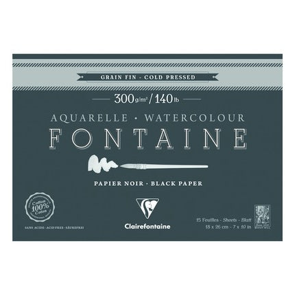 Fontaine 100 % Cotton : Clairefontaine Watercolour : Black Paper 300gsm  : Cold Press : 7 x 10 inches : 15 Sheets Black