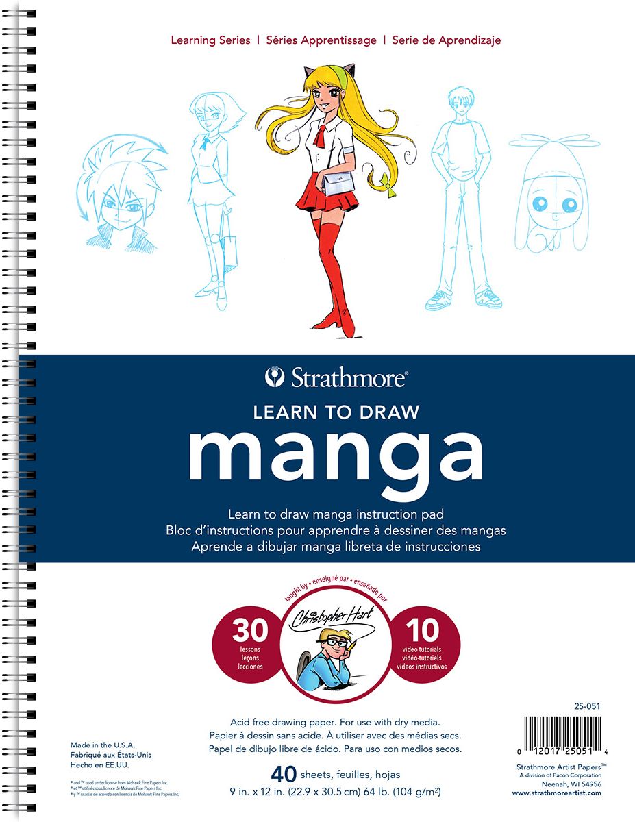 Strathmore Learn to draw Manga by Christopher Hart, includes 34 divided pages of inspiration and guidance with space to draw, with the remaining high quality paper are left black for your own artwork, and experiments.