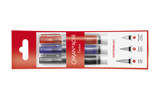 Caran D’Ache Premium quality waterbrush. Set of 3 mixed brushes with a reservoir & Synthetic brush tips, are practical and easy to use.