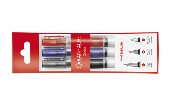 Caran D’Ache Premium quality waterbrush. Set of 3 mixed brushes with a reservoir & Synthetic brush tips, are practical and easy to use.